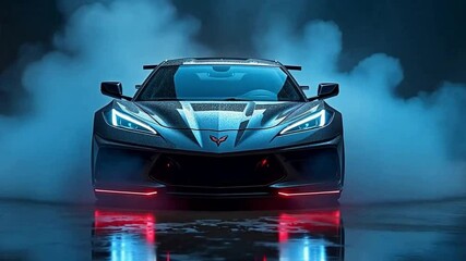 Futuristic Corvette, front view, dramatic lighting, neon blue and red glow, smoky atmosphere, reflective wet floor, dark background video
