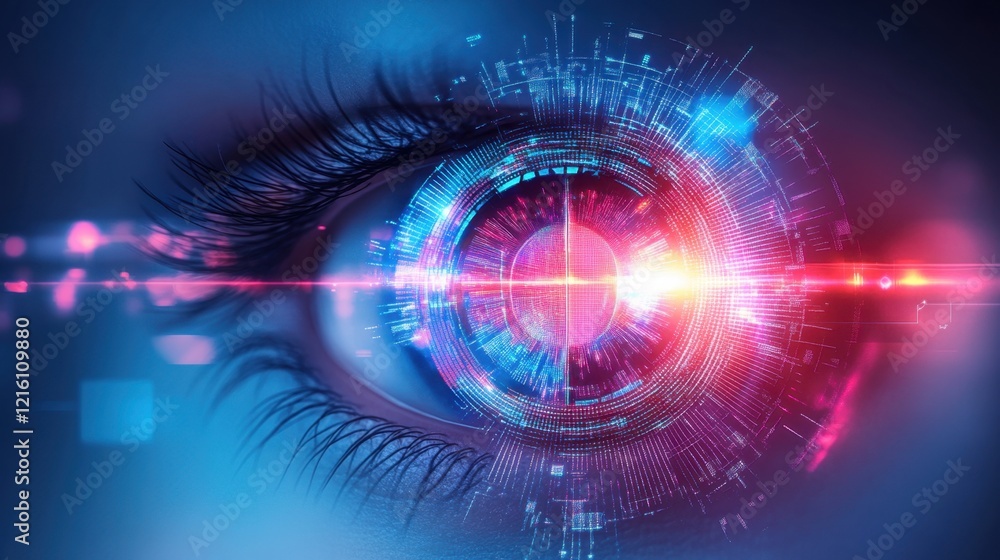 Poster a glowing retina scan interface surrounded by holographic biometric security data.