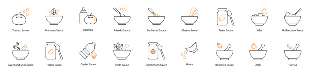 Sauce Vector Icon Set: Tomato, Marinara, Ketchup, Alfredo, Bechamel, Cheese, Tartar, Salsa, Hollandaise, Sweet and Sour, Hoisin, Oyster, Pesto, Chimichurri, Gravy, Aioli, Harissa, and Romesco