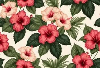 Vibrant Hibiscus Flower Seamless Pattern with Lush Tropical Leaves and Pink and Red Blooms