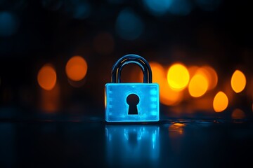 A glowing blue padlock, symbolizing security, on a dark background.