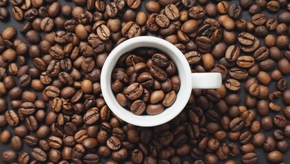 Coffee Bean Symphony: A white coffee cup filled with roasted coffee beans sits amidst a sea of whole coffee beans, creating a captivating pattern that speaks to the rich, aromatic essence of coffee.