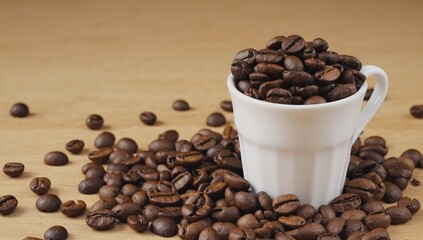 Fototapeta premium Coffee Bean Abundance: A small white cup overflows with aromatic, dark roasted coffee beans, spilling onto a brown surface, creating a rich and inviting still life.