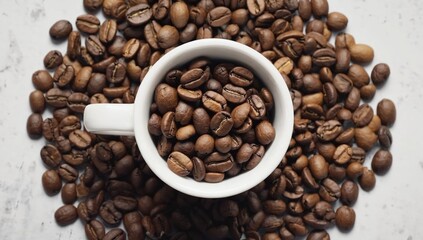Naklejka premium Coffee Bean Abundance: A pristine white cup overflows with aromatic coffee beans, nestled amidst a generous scattering of roasted beans, creating a rich and inviting image. 
