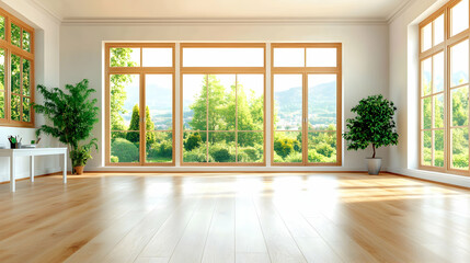 Fototapeta premium Bright sunlit room, large windows, mountain view, empty floor, home interior design