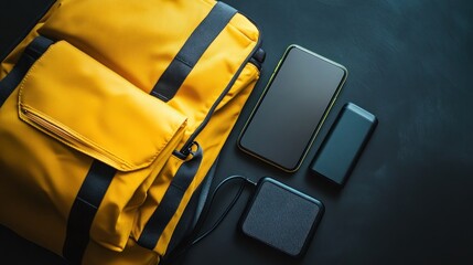 A yellow backpack with a smartphone, power bank, and speaker arranged on a dark surface.