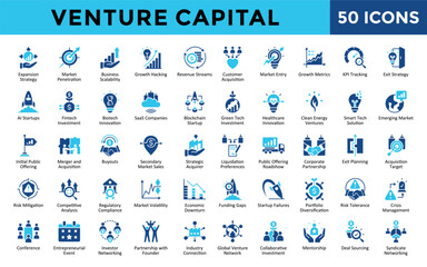 Venture Capital icons set with expansion strategy, market penetration, business scalability, growth hacking, revenue streams, customer acquisition, market entry icon. Simple flat vector 
