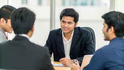 Indian Businessman Coaching Team Members - An Indian businessman providing coaching to team members during a collaborative session in an office.	
