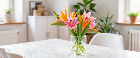 Vibrant tropical flowers in glass vase on marble table, home decor