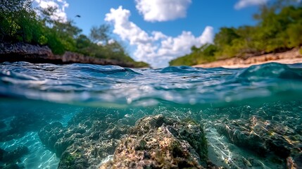 Tropical beach, underwater coral reef, clear water, sunny sky, idyllic scene