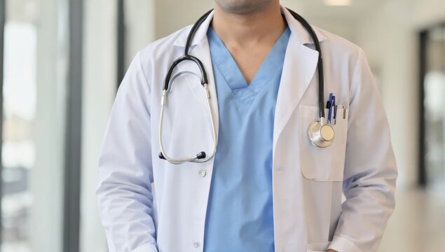 Doctor in Hospital: A close-up shot of a doctor in a pristine white coat and light blue scrubs, showcasing a stethoscope and pen in his pocket.  The image conveys professionalism, care and trust. 