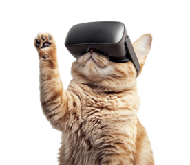 Ginger cat wearing VR headset and reaching up, isolated on transparent cutout background