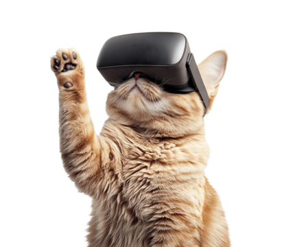 Ginger cat wearing VR headset and reaching up, isolated on transparent cutout background