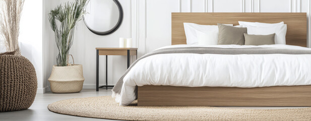 Elegant and minimalist bedroom design featuring natural materials and a cozy atmosphere