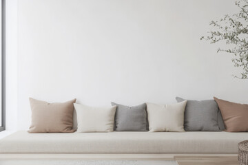 Comfortable minimalist living room with stylish cushions in neutral tones