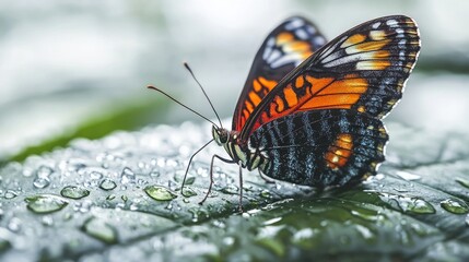Obraz premium A Stunning Close-Up of a Butterfly on a Dew-Kissed Leaf