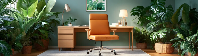 Home office desk chair plants.  Modern workspace with greenery. Peaceful background. Ideal for productivity, well-being articles