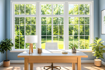 Home office with large windows overlooking a sunny garden, ideal for remote work or productivity