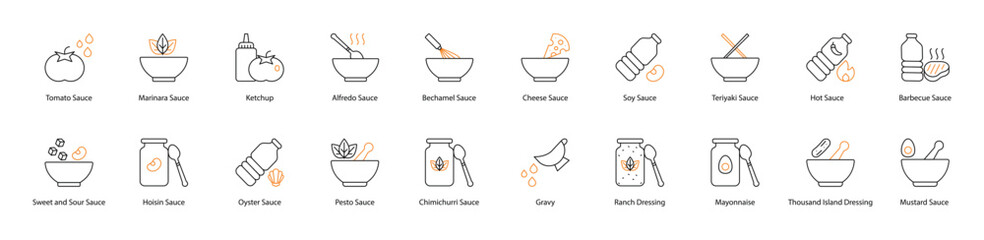 Sauce Vector Icon Set: Tomato, Marinara, Ketchup, Alfredo, Bechamel, Cheese, Soy, Teriyaki, Hot, Barbecue, Sweet and Sour, Hoisin, Oyster, Pesto, Chimichurri, Gravy, Ranch Dressing, Mayonnaise 