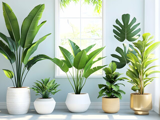 Indoor plants in pots near window, sunlight, green leaves, home decor, interior design