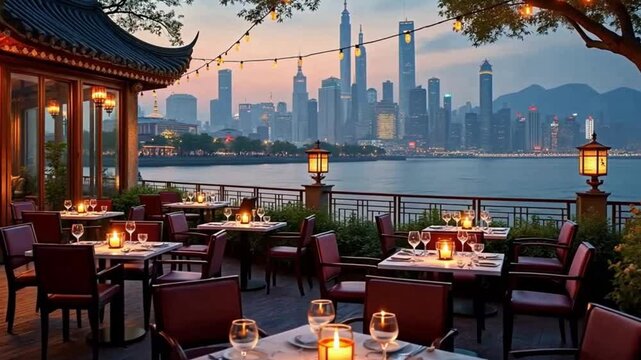 Romantic riverside restaurant, Shanghai skyline, twilight, candlelit dinner tables, panoramic view, string lights, oriental architecture, reflections on water, urban cityscape, cozy ambiance