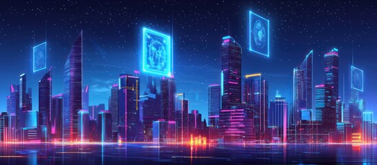 Night city panorama with futuristic digital holograms in the skyline