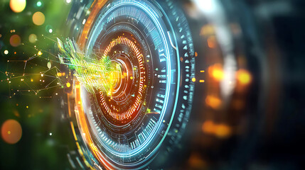 Futuristic power grid interface displaying real time energy data and analytics. vibrant colors and intricate designs evoke sense of advanced