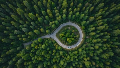 Fototapeta premium Aerial View of a Winding Road Through a Lush Green Forest with a Single Car Driving