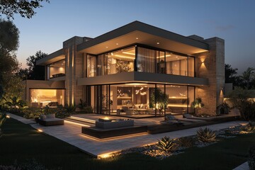 Evening view a luxurious modern house with outdoor lighting, 3D render
