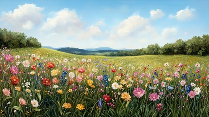 Obraz premium Seasonal spring meadows, lush green fields speckled with vibrant and colorful wildflowers