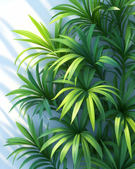 Lush green tropical foliage against a bright wall, sunlight filtering through. Ideal for home decor or travel brochures
