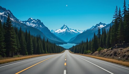 Naklejka premium Scenic Mountain Highway Road Trip: Stunning View of Snow-Capped Peaks and Serene Lake