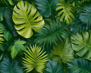 Obraz premium Lush tropical foliage background; vibrant green leaves; jungle setting; ideal for website or print design