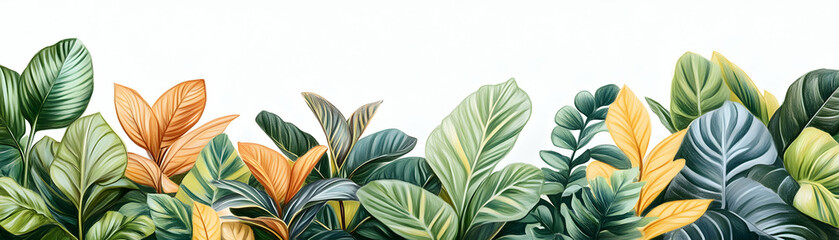 Naklejka premium Lush tropical foliage border, vibrant green and orange leaves, white background, website banner design