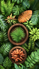 Fototapeta premium Lush tropical plants in wooden pots, vibrant green foliage background, perfect for summer designs