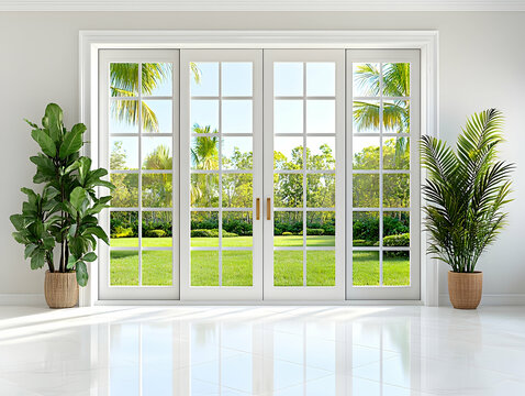 Luxurious home interior with patio doors showcasing tropical garden view