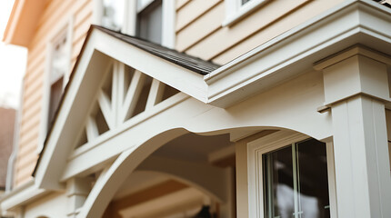 Obraz premium Elegant Home Exterior: Architectural Details and Design. Discover the beauty of classic and modern home architecture, showcasing stunning porch and roofline details.