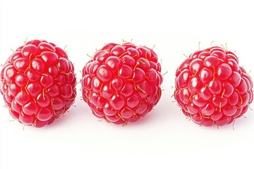 Three ripe raspberries on white background, food photography, website use