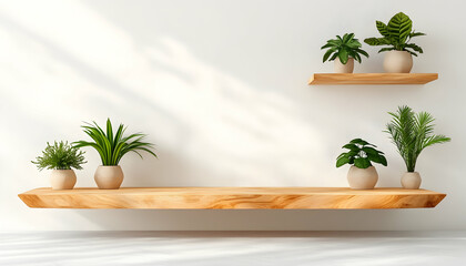 Obraz premium Minimalist wooden shelves with potted plants against a white wall, sunlight streaming through a window. Perfect for home decor websites or blogs