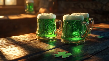 Mugs of green beer for St. Patrick's Day on wooden table
