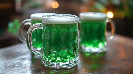 Mugs of green beer for St. Patrick's Day on wooden table