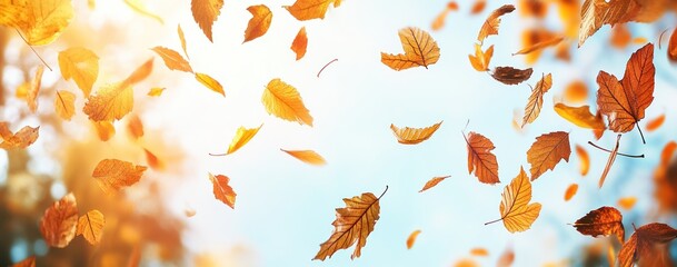 Obraz premium Golden Autumn Leaves Dancing In Gentle Breeze Bright Sky Background