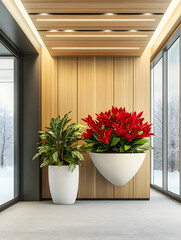 Modern hallway interior design with potted plants, winter landscape view