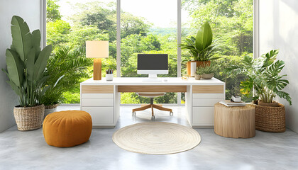 Modern home office with plants, large window, jungle view; ideal for productivity and wellbeing