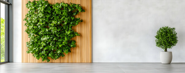 Fototapeta premium Modern interior design; green wall, potted plant, large window. Website, blog, or home decor
