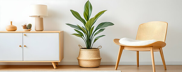 Modern living room interior design with wooden chair, cabinet, and potted plant. Calm background. Home decor inspiration