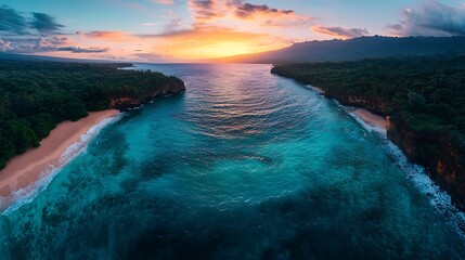 Naklejka premium Tropical sunset beach aerial view, calm ocean, lush jungle