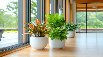 Modern houseplants in white pots by large windows, overlooking a green landscape; ideal for home decor websites