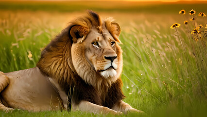 Obraz premium a majestic lion sitting gracefully in a green grass field