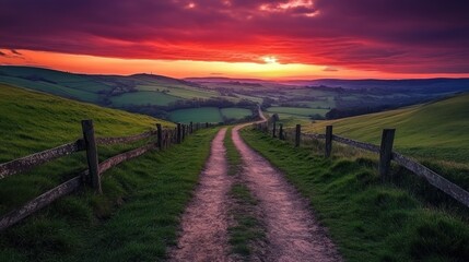 Fototapeta premium A winding path through green hills leads to a breathtaking sunset sky